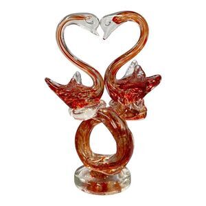 Handcrafted Blown Sculpted Glass Double Swan Figurine Orange 8" Paperweight VTG